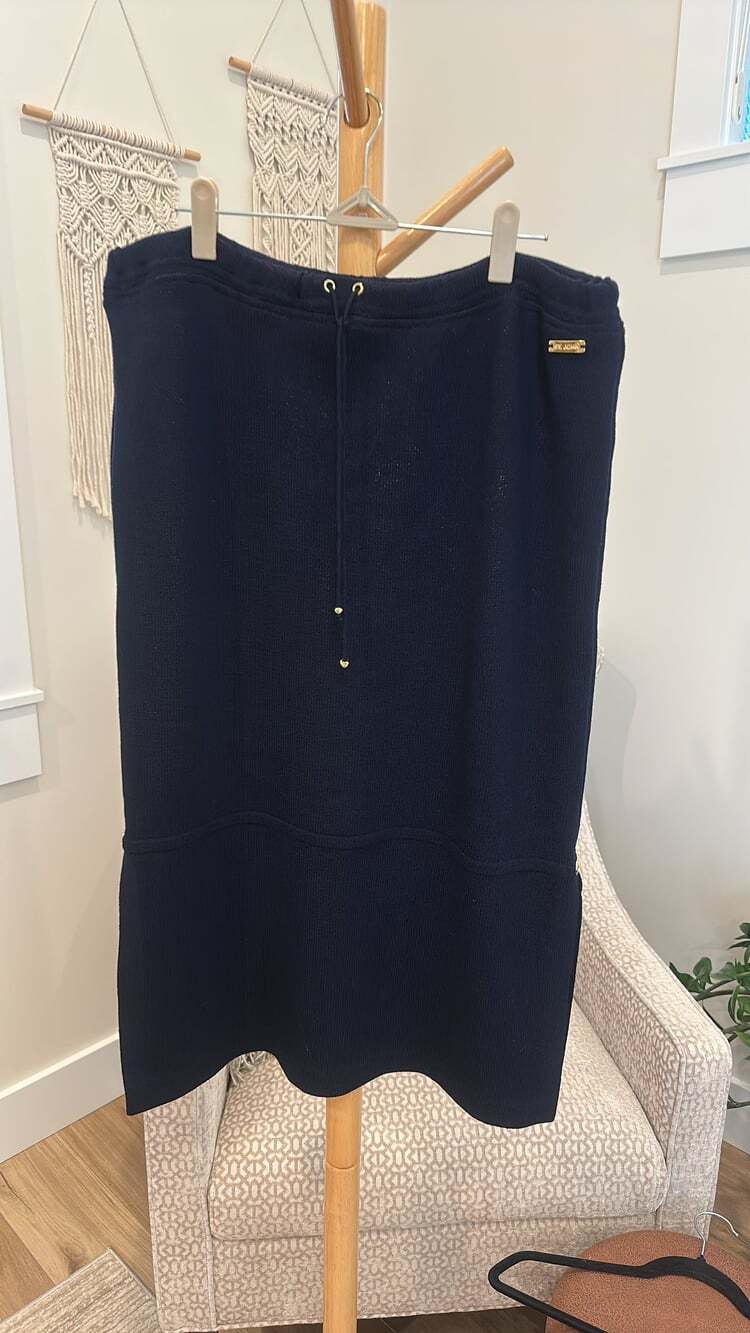 St. John Sport Marie Gray Navy Blue Knit Skirt Size M Drawstring